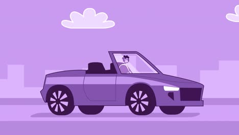 purple style man flat character driving violet convertible car. isolated loop animation with alpha channel