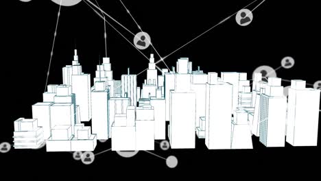 animation of network of connections with icons over 3d cityscape drawing on black background