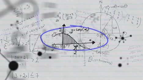 animation of mathematical equations and diagrams floating against white lined paper background