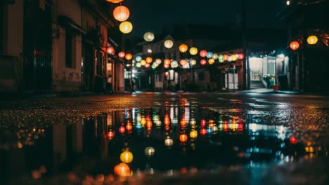 a vibrant night scene featuring glowing lanterns and reflections in puddles on a quiet street, capturing the beauty of calmness and ambiance after rainfall