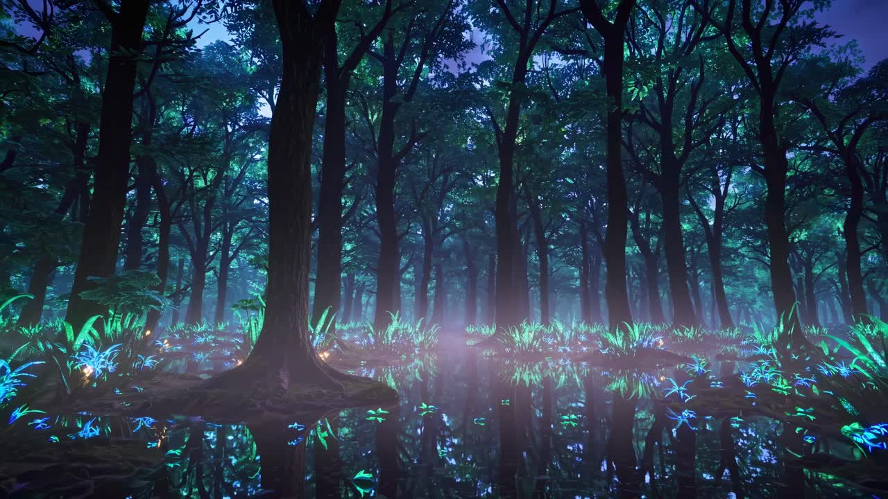 A mesmerizing forest scene with glowing plants, captured from a low angle