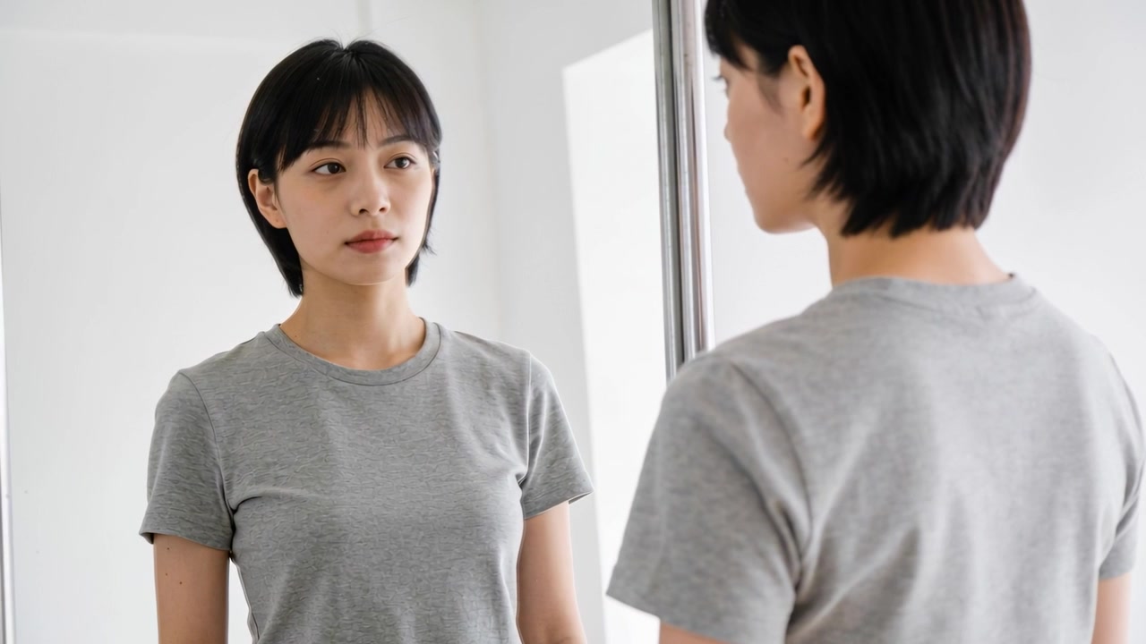 一位穿著灰色T恤的亞洲女性面對鏡子，在房間裡仔細觀察臉部和頸部，檢查儀容。