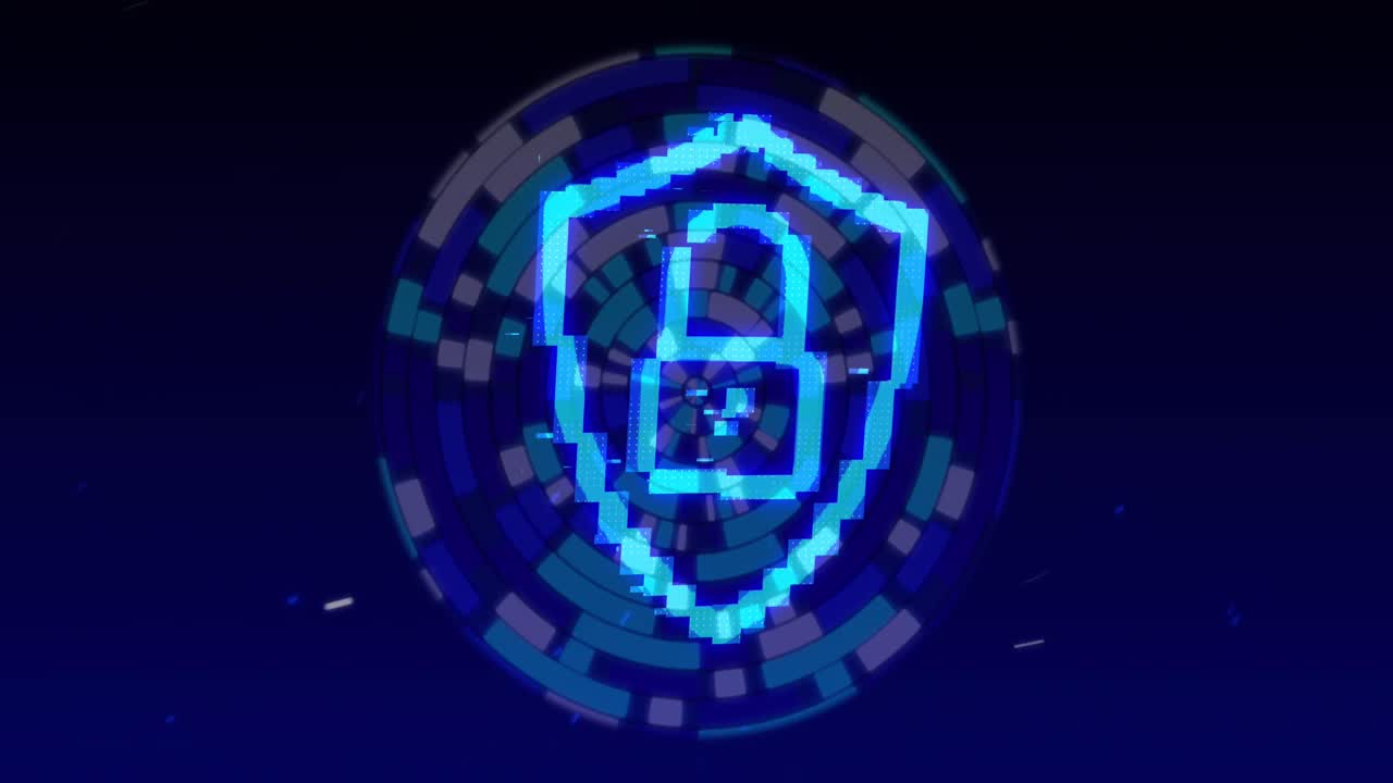 Security padlock and shield icon over blue abstract circular shape spinning against blue background