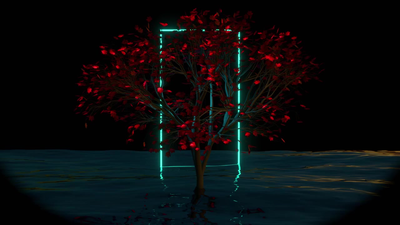 Red Maple Tree with Glowing Cyan Neon Frame over Water