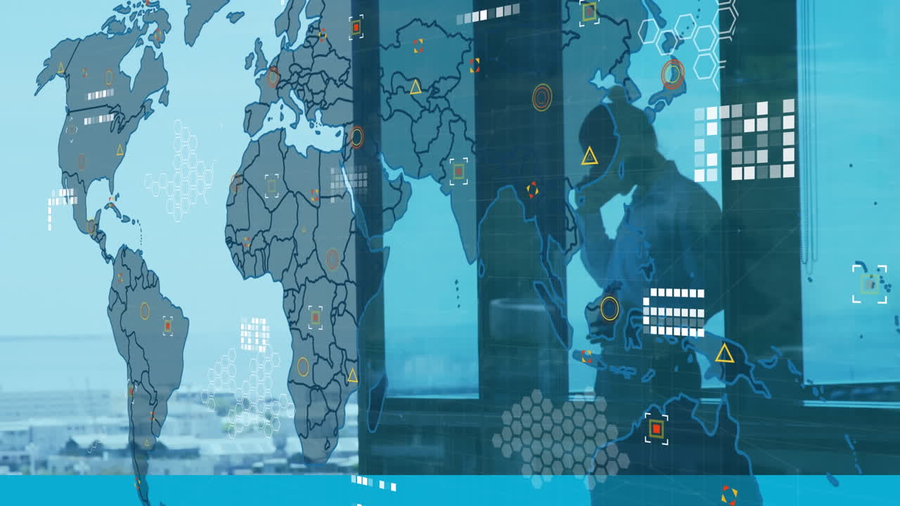 지도의 회로판 패턴의 애니메이션 아시아 남자가 창문에 맞춰 드폰으로 이야기하고 있습니다.