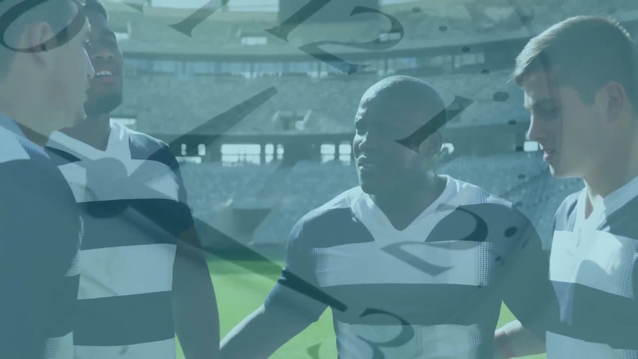 경기장 에 서 있는 다민족 남성 럭비 팀 을 가로지르는 시계 의 애니메이션