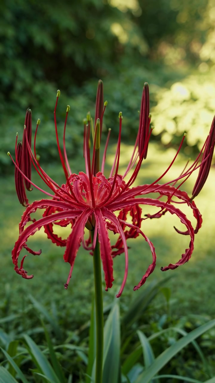 Primo piano di un giglio ragno rosso vibrante in un giardino