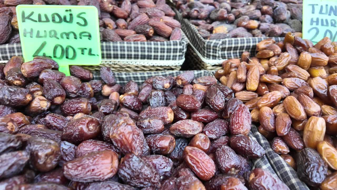 Dried Dates in Baskets at a Market