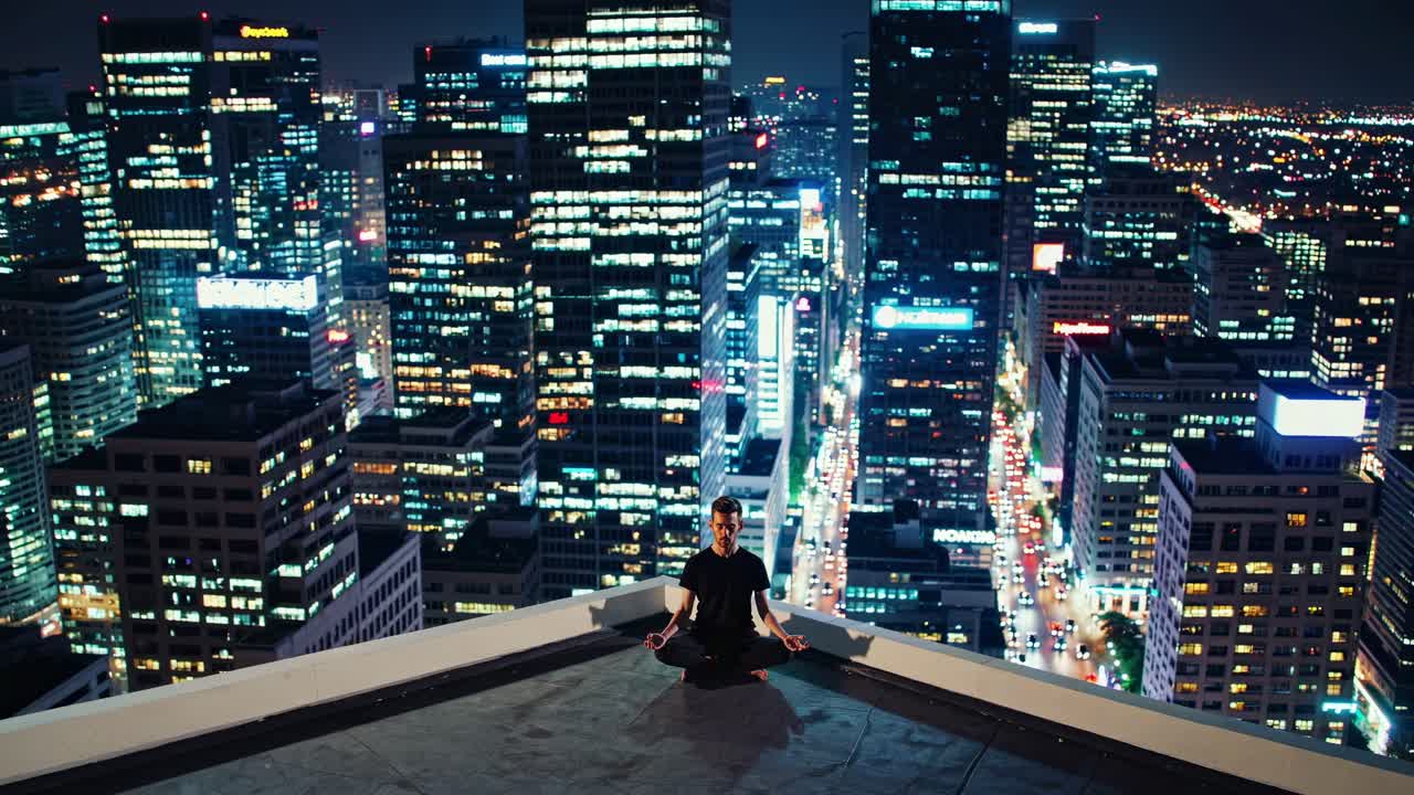 Individual practicing meditation on rooftop at night, surrounded by city skyline lights, showcasing tranquility amidst urban vibrancy and motion