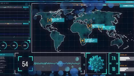 Animación-De-La-Célula-Covid-19-Y-Procesamiento-De-Datos-Sobre-El-Mapa-Mundial