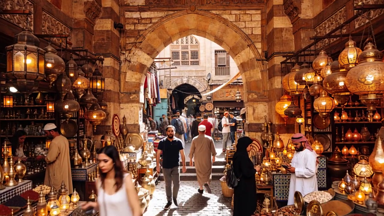 Opening camera at arch, tan-robed man walking market, browsing, vendors arranging lamps spices