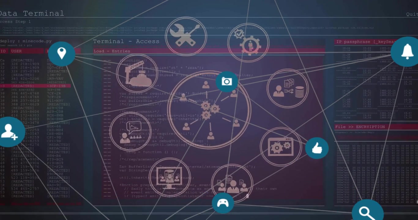 Animation of media icons and network of connections over data processing
