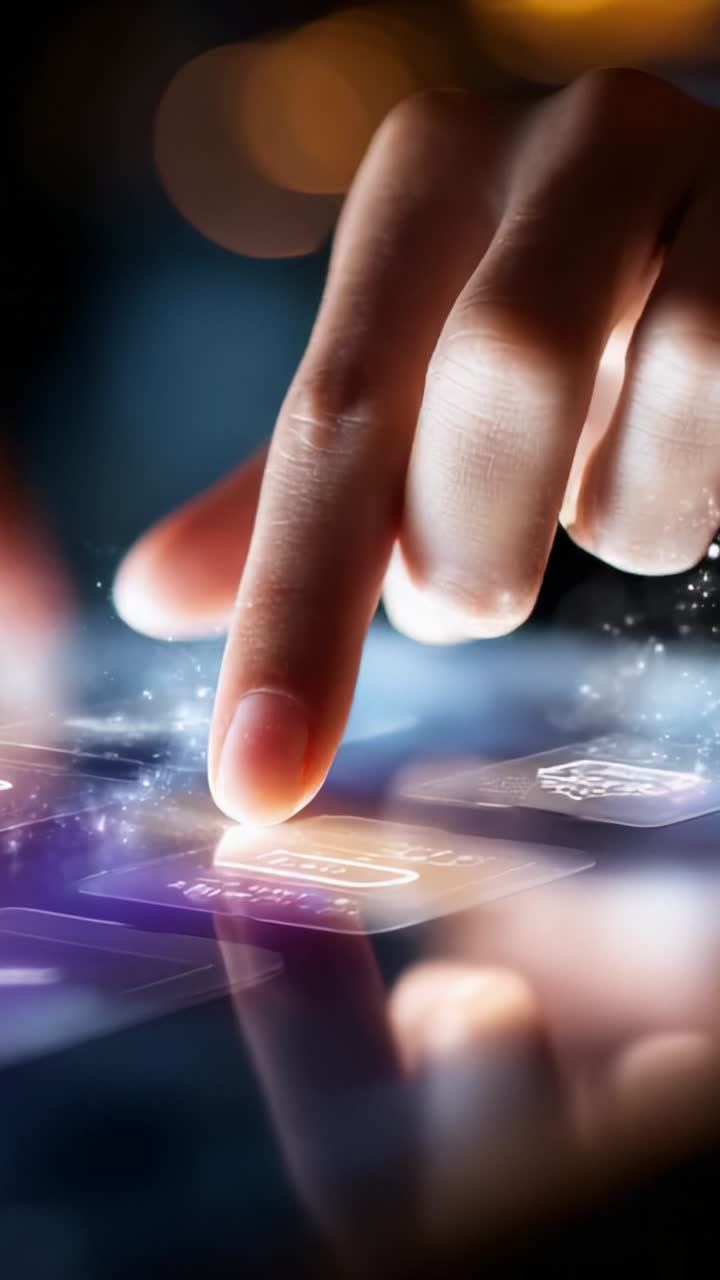 Primo piano di un dito su un touchscreen, intento nella navigazione digitale e nell'utilizzo di interfacce high-tech in un ambiente con sfondo sfocato