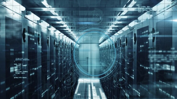 Animation of fingerprint, data security text, icons and computer language over data server room