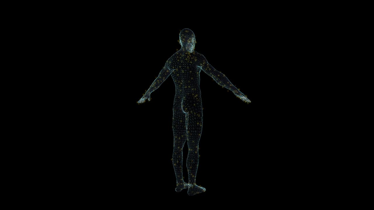 holograma masculino wireframe. buena animación 3d en un fondo negro con un bucle sin costuras para proyectos de futurismo