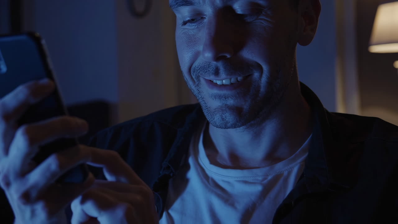 hombre usando un teléfono inteligente por la noche