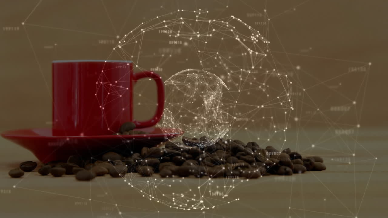 Red ceramic coffee cup sitting amid wireframe spheres, showing roasted beans and numeric codes