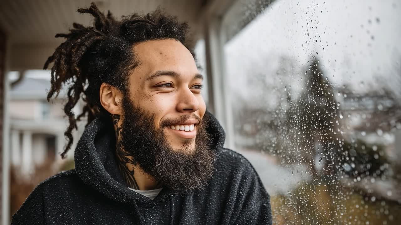 A contemplative moment by the window on a rainy day, showcasing a smiling individual with dreadlocks, reflecting positivity amid the gloomy weather
