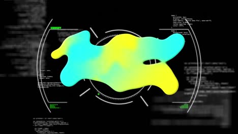 Animation of glowing blobs and scanning scope with data processing on black background