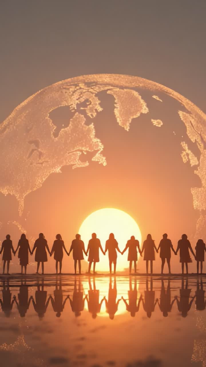 A Symbol of Unity: Individuals Standing Hand in Hand Against a Stunning Sunset with a Subtle Globe Reflection, Promoting Togetherness and Global Connections