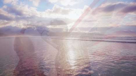 animación de paisaje con océano sobre pareja caucásica con bandera estadounidense en la playa