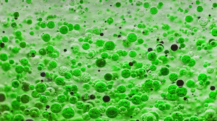 macro shot di bolle verdi e nere che si muovono lentamente in acqua con sfondo chiaro