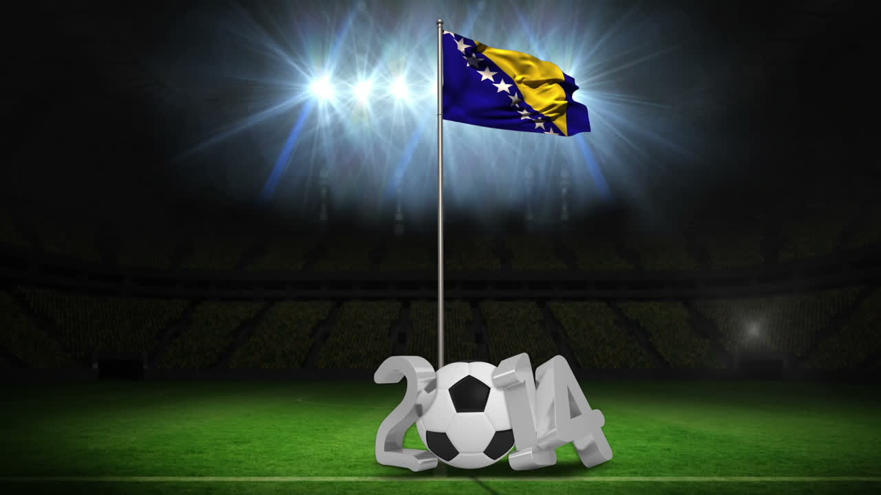 보스니아 헤르체고비나 국기가 발 기둥에서 메시지와 함께 흔들리고 있습니다.