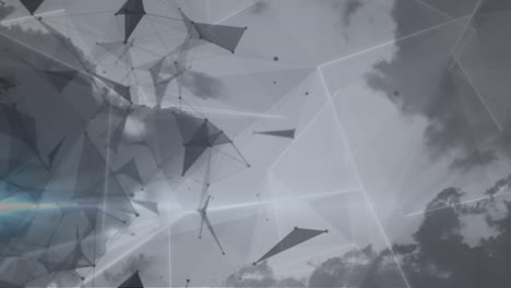 animación de puntos conectados que forman formas geométricas sobre nubes densas en movimiento