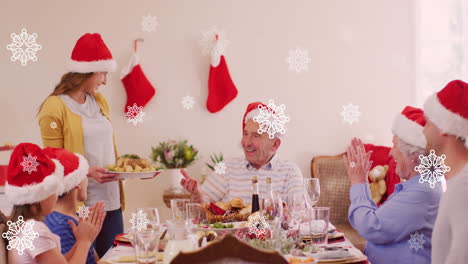 animación de nieve cayendo sobre una feliz familia caucásica durante la cena de navidad