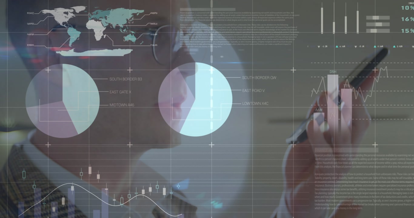 Animation of statistical data processing over caucasian businessman talking on smartphone at office