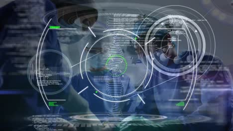 Animation-of-scope-scanning-and-dna-strand-with-data-processing-over-diverse-doctors