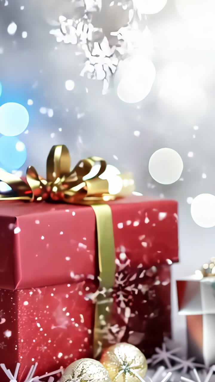 Two Christmas presents are sitting on a table, one green and one red. The green box has a snowflake design on it, while the red box has a gold bow. The scene is festive and joyful Vertical video