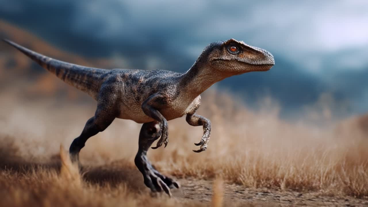 En dynamisk fremstilling av en vill dinosaur som løper gjennom et støvete landskap, og viser dens smidighet og styrke, satt mot en dramatisk himmel fylt med skyer.