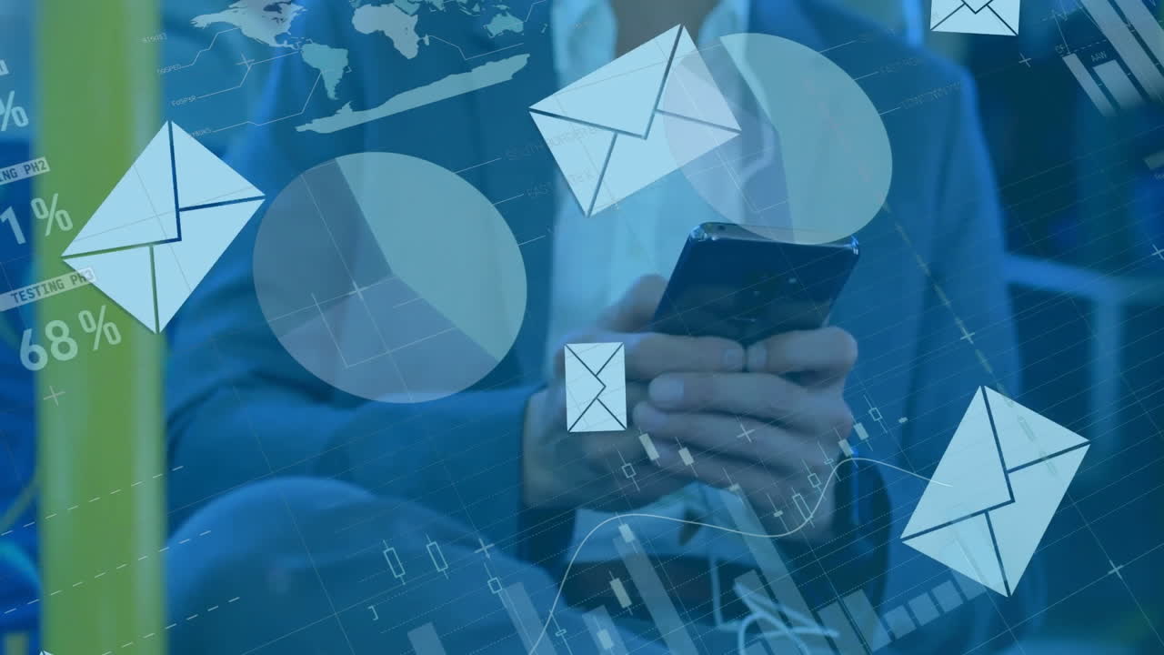 Animation of financial data processing over biracial businessman using smartphone