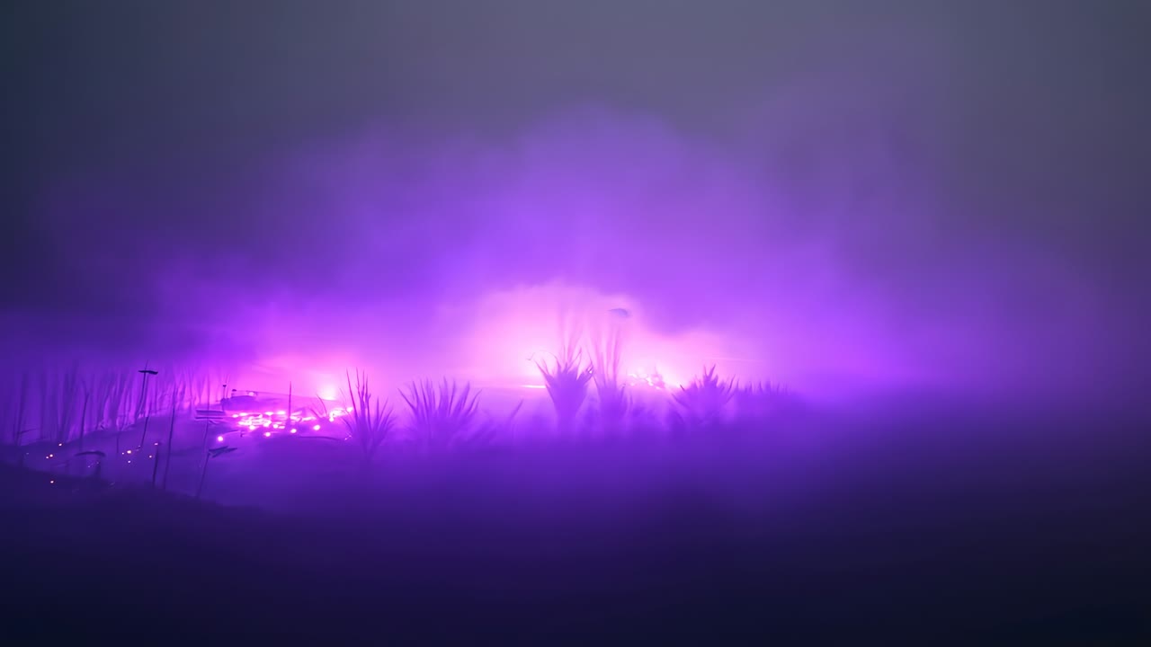 Growing distant glow driving purple-pink mist band across foggy plain, revealing grasses, embers