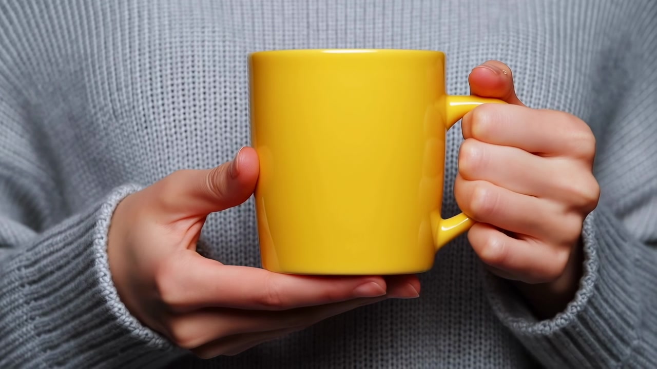 Primo piano di mani che tengono una tazza gialla, maglione grigio lavorato a maglia accogliente, presa a due mani, luce calda da studio, sfondo neutro.