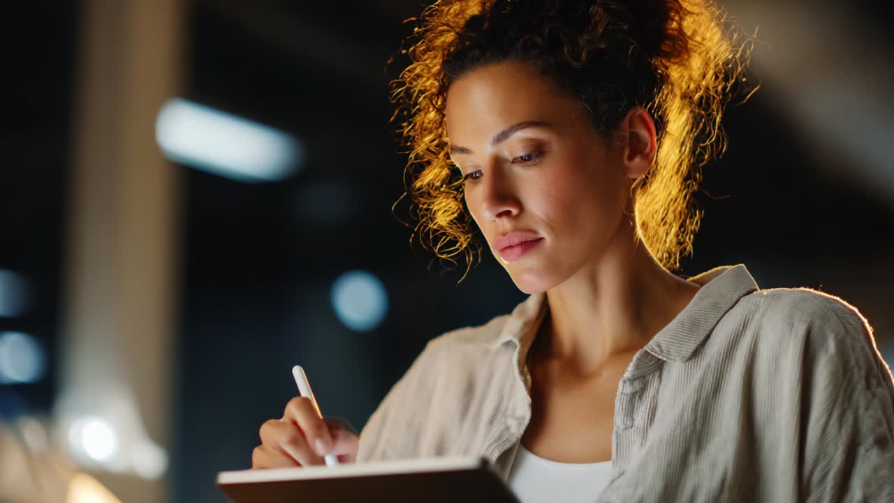 Focused Creativity: A Young Woman Engaged in Artistic Expression While Writing or Drawing in a Dimly Lit Room That Highlights Her Concentration and Imagination Amidst a Warm Atmosphere