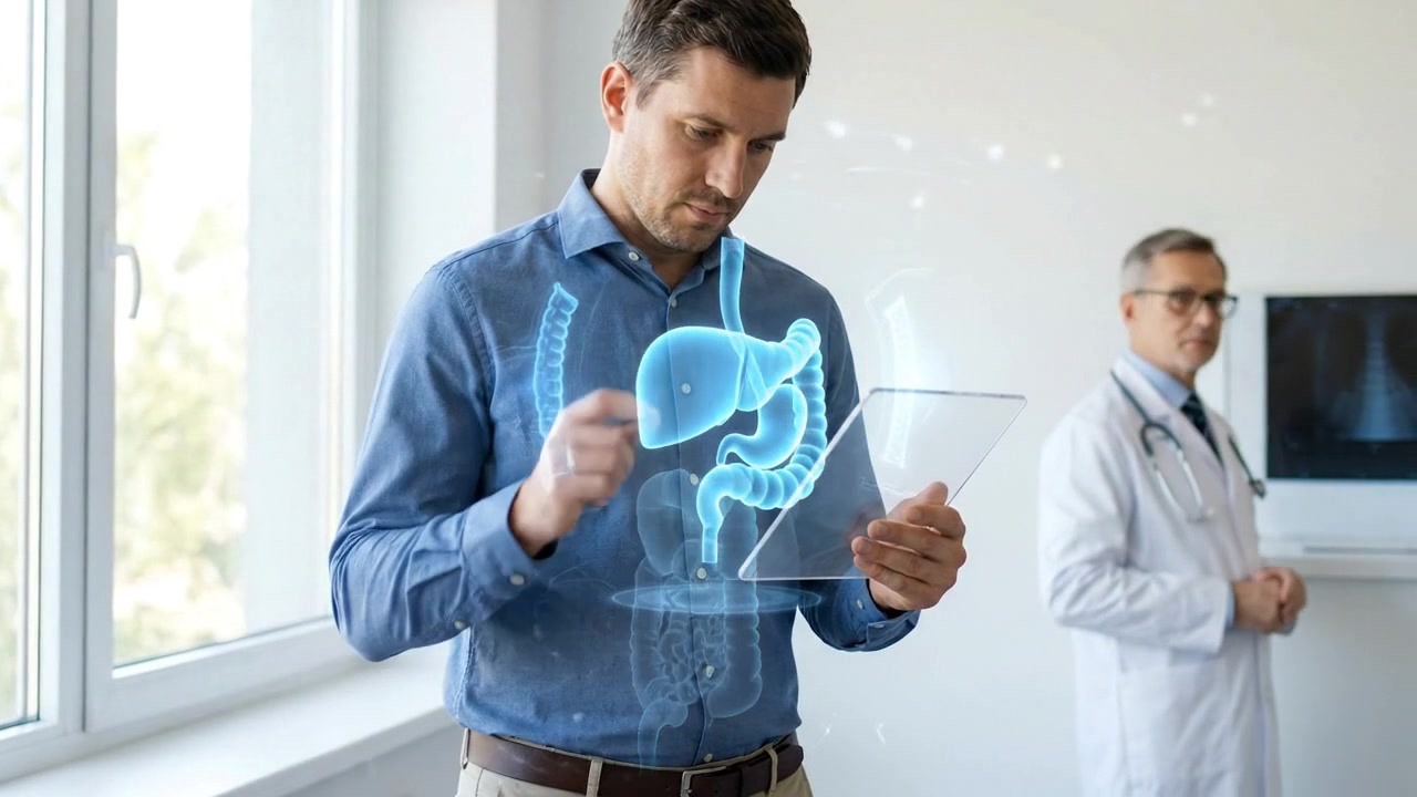 Man examining hand with glowing digestive anatomy overlay inside bright clinic