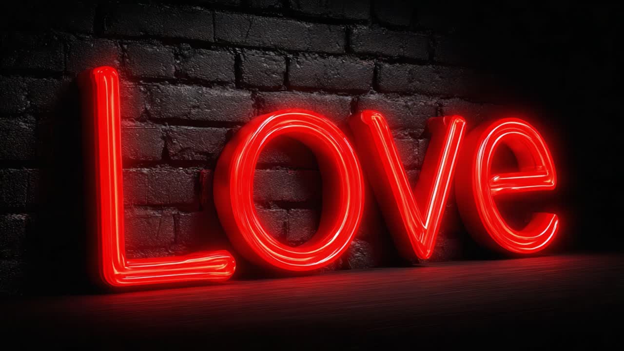 A Captivating Neon Sign Illuminates the Word 'Love' Against a Dark Brick Wall, Evoking Warmth and Emotion in a Modern Aesthetic