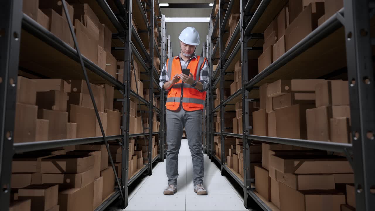 cuerpo lleno de ingeniero masculino asiático con casco de seguridad usando teléfono inteligente mientras estaba de pie en el almacén con estantes llenos de bienes de entrega