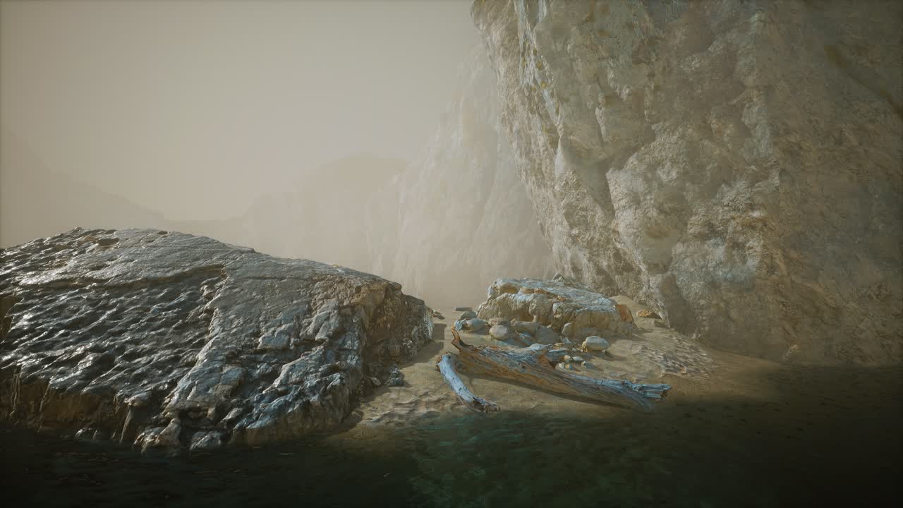 깊은 안개 속의 모래 해변과 함께 바위 절벽