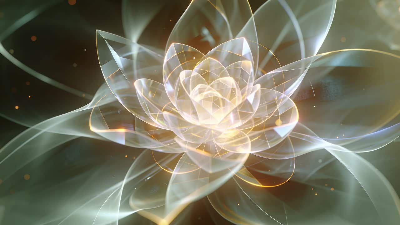 Un bagliore centrale si intensifica, illuminando un fiore di loto che si schiude, rivelando petali stratificati su uno sfondo scuro.