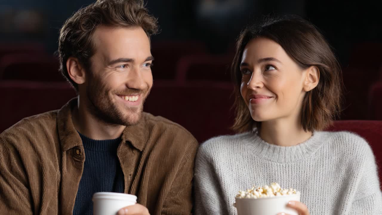 Momenti di gioia al cinema: una coppia si gusta degli snack mentre guarda un film, condividendo risate e connessione in un ambiente accogliente.