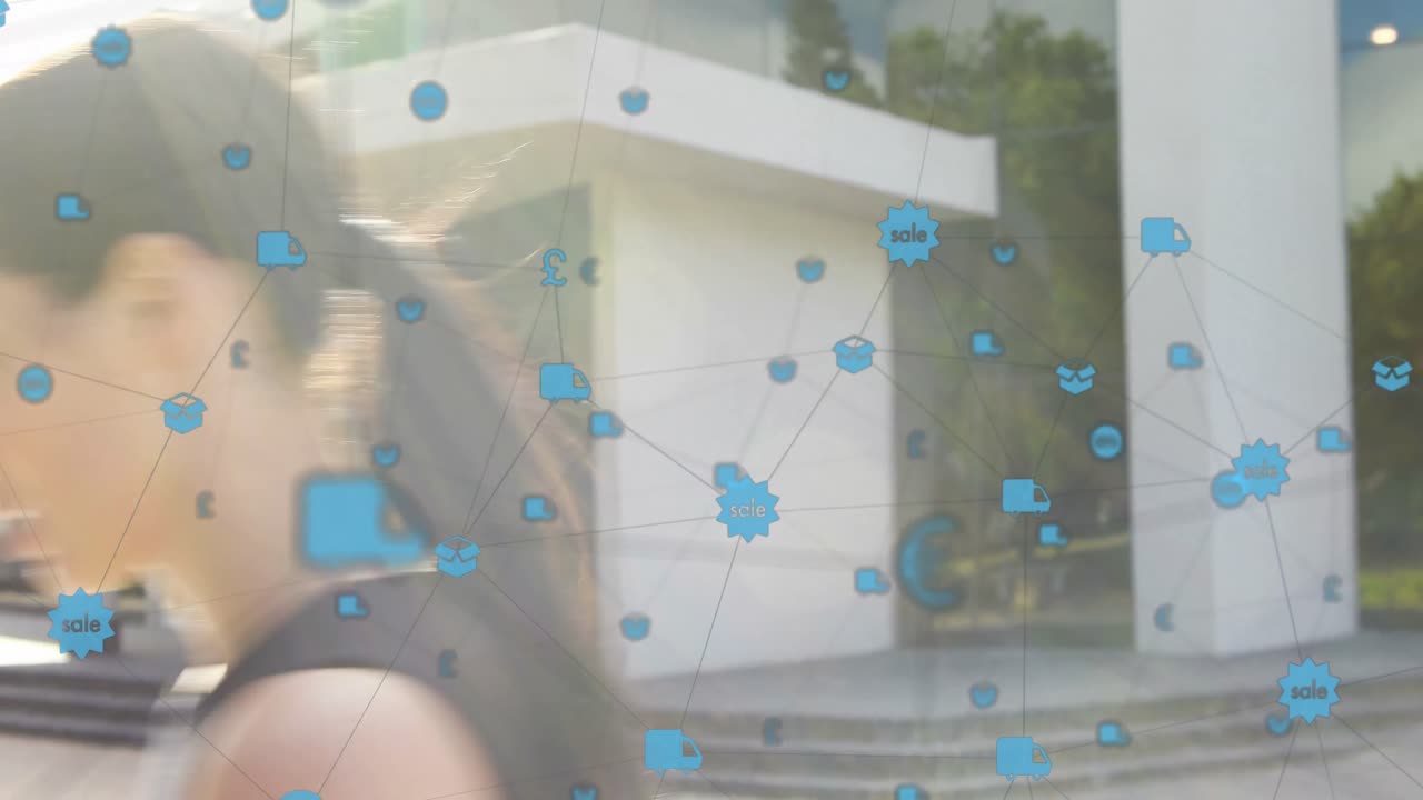 야외에서 스마트폰을 사용하는 백인 사업가 여성에 대한 디지털 아이콘 네트워크의 애니메이션