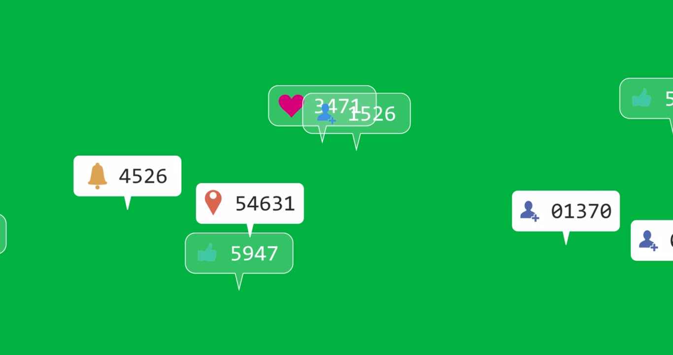 Animazione di icone di social media con numeri su banner bianchi e grigi su sfondo nero