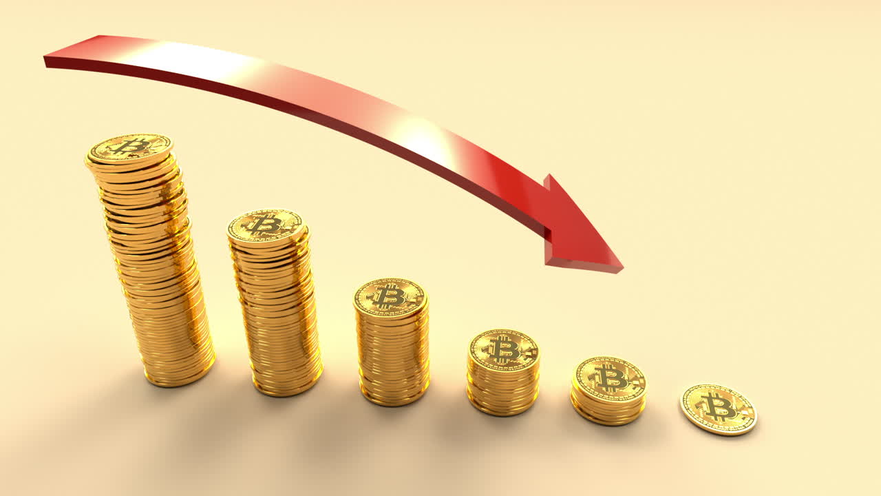 Bitcoin Coins Stacks with Red Arrow Showing Decline
