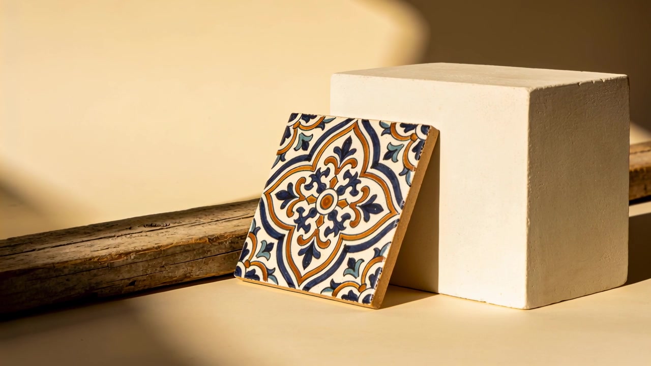 La luce solare che cambia proietta ombre più profonde su piastrelle di ceramica appoggiate su un cubo in studio, con una bacchetta di legno.