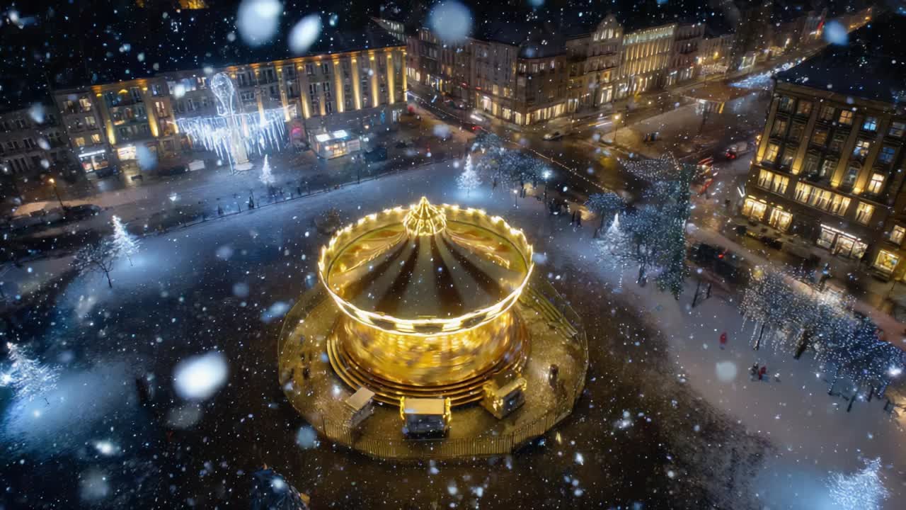 A Winter Wonderland Scene Featuring a Beautifully Illuminated Carousel Surrounded by Snowfall, Festive Lights, and Glittering Holiday Decor in a Quaint Urban Square at Night
