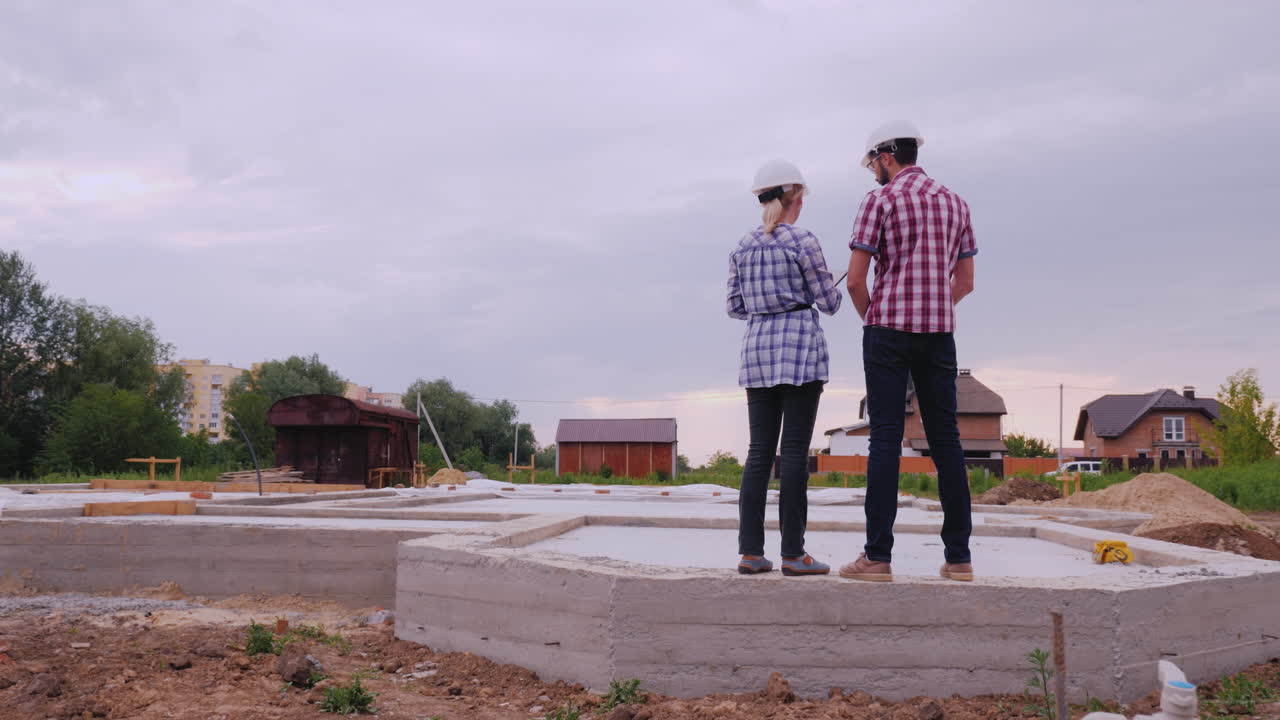 Two Builders-A Man And A Woman Are On The Foundation Of The Future Building Discussing The Work Plan