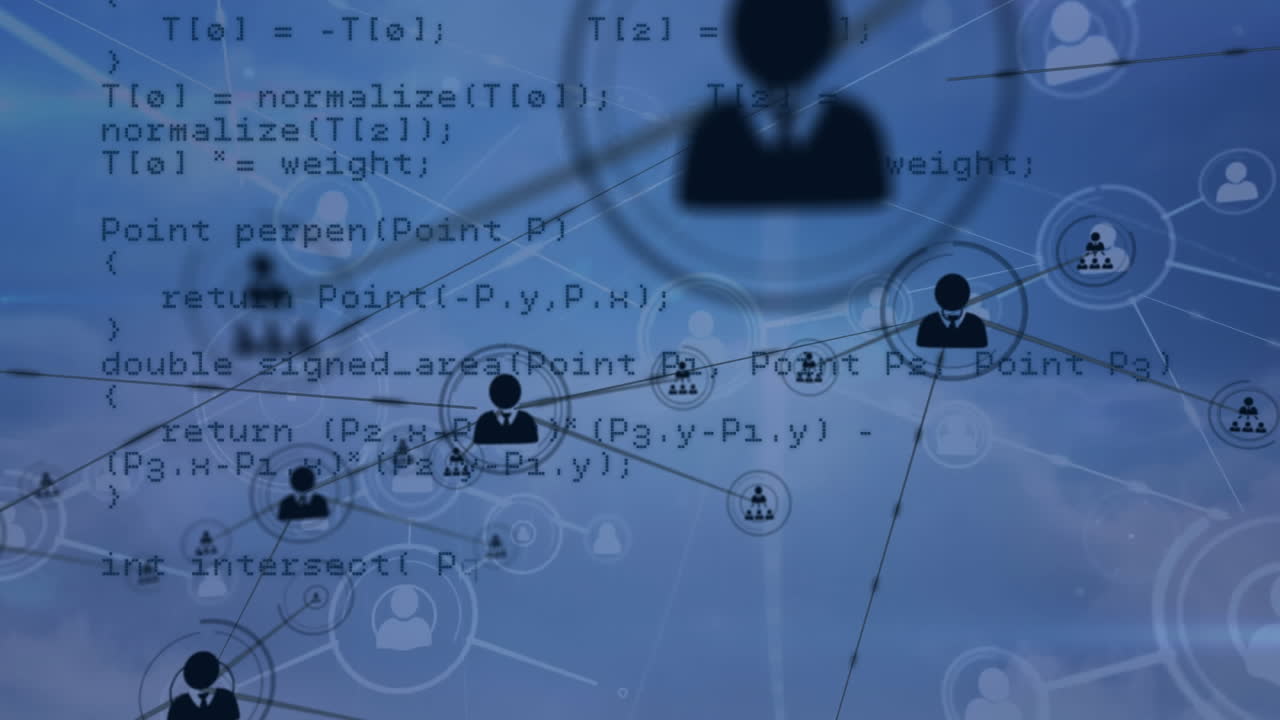 animación de la red de iconos de personas sobre la codificación en el cielo azul